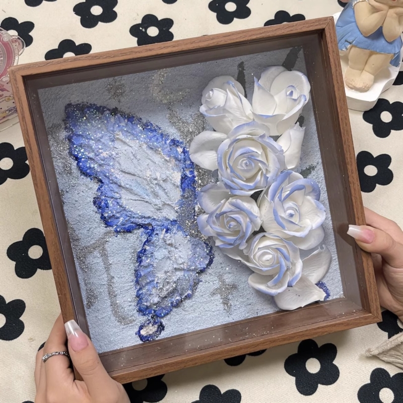 手工DIY自制蝴蝶肌理画玫瑰花石英砂画相框材料生日女生礼品礼物