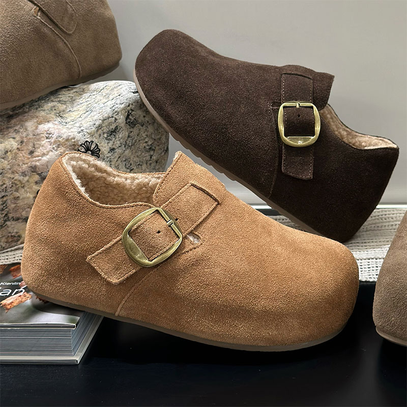 5CM复古磨砂皮加绒勃肯鞋女2025新款透气休闲鞋一脚蹬毛毛棉鞋女