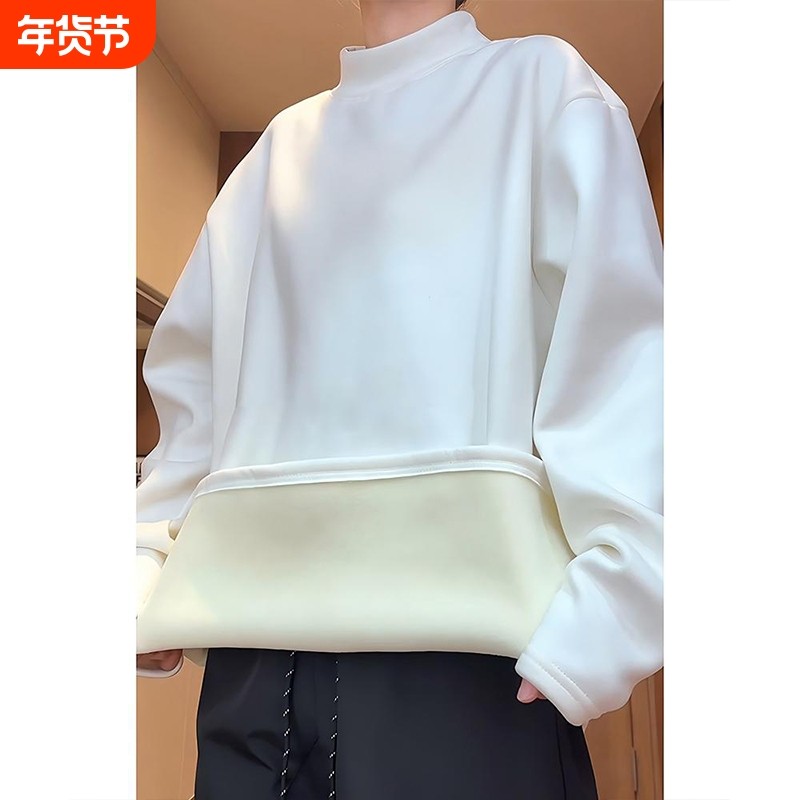 重磅双面德绒半高领打底衫卫衣男款加绒加厚白色内搭上衣长袖t恤