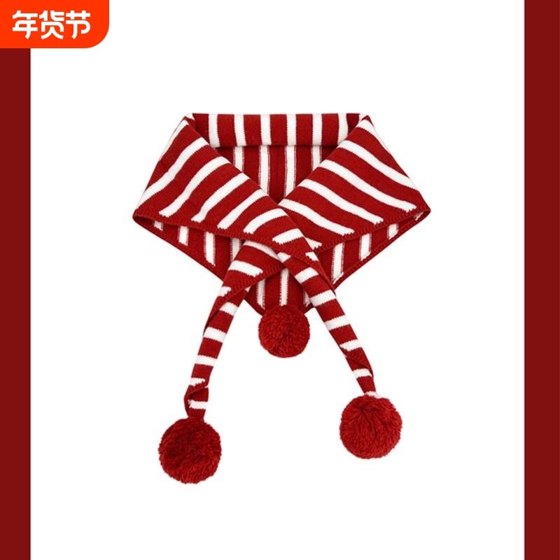 2025新款韩版可爱球球红色条纹三角围巾女秋冬保暖百搭披肩围脖潮