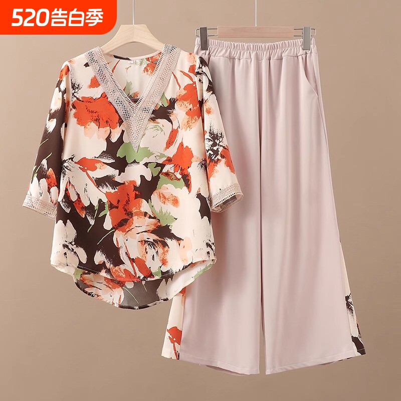 妈妈夏季新款两件套装女大码洋气雪纺小衫中老年人夏装T恤上衣服