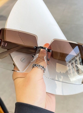 无框墨镜女防紫外线茶色太阳眼镜防晒高级感大框显瘦偏光圆脸时尚