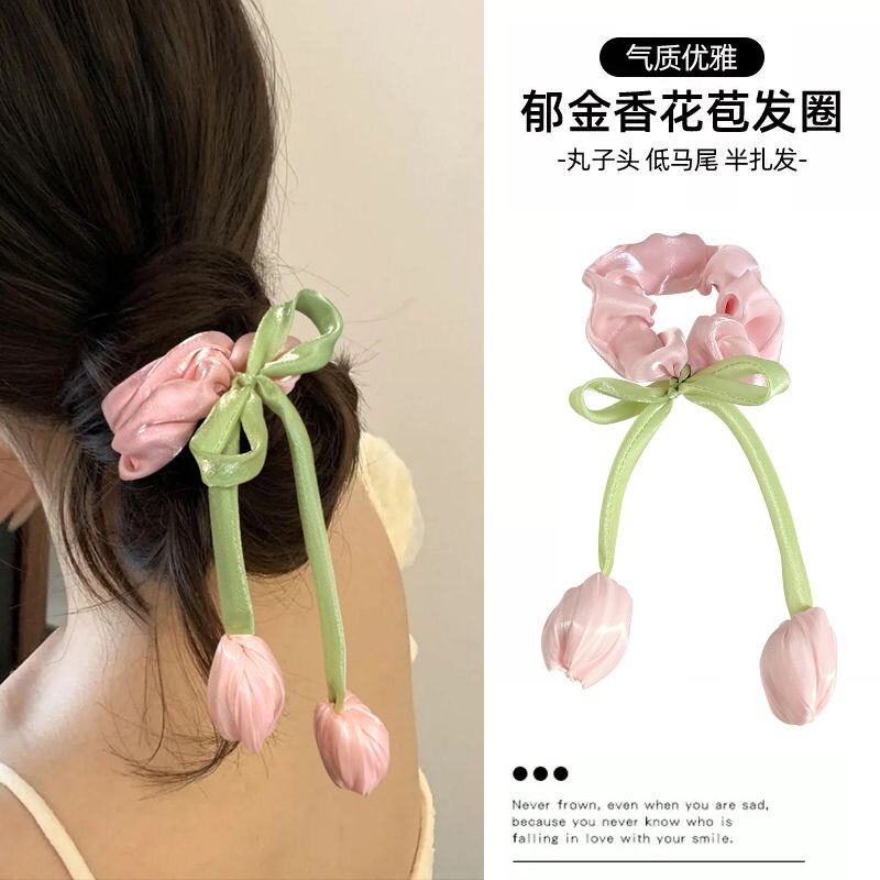 女童高级感郁金香大肠发圈发绳韩系发饰扎马尾少女头饰品紫色花朵