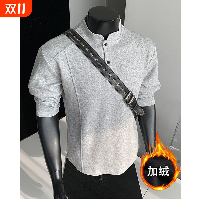 美式polo亨利领男款加绒长袖t恤秋冬季潮流cleanfit内搭休闲上衣