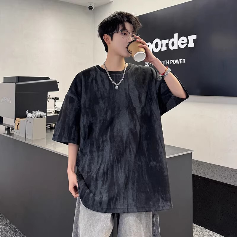 美式复古扎染泼墨短袖t恤男夏季潮牌ins宽松重磅上衣半袖体恤黑色