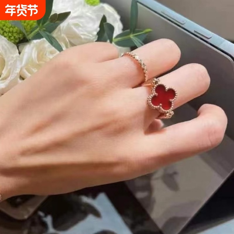 高定品质彩金镭射红玉髓四叶草翻转运戒指18K双花双面玫瑰金戒指