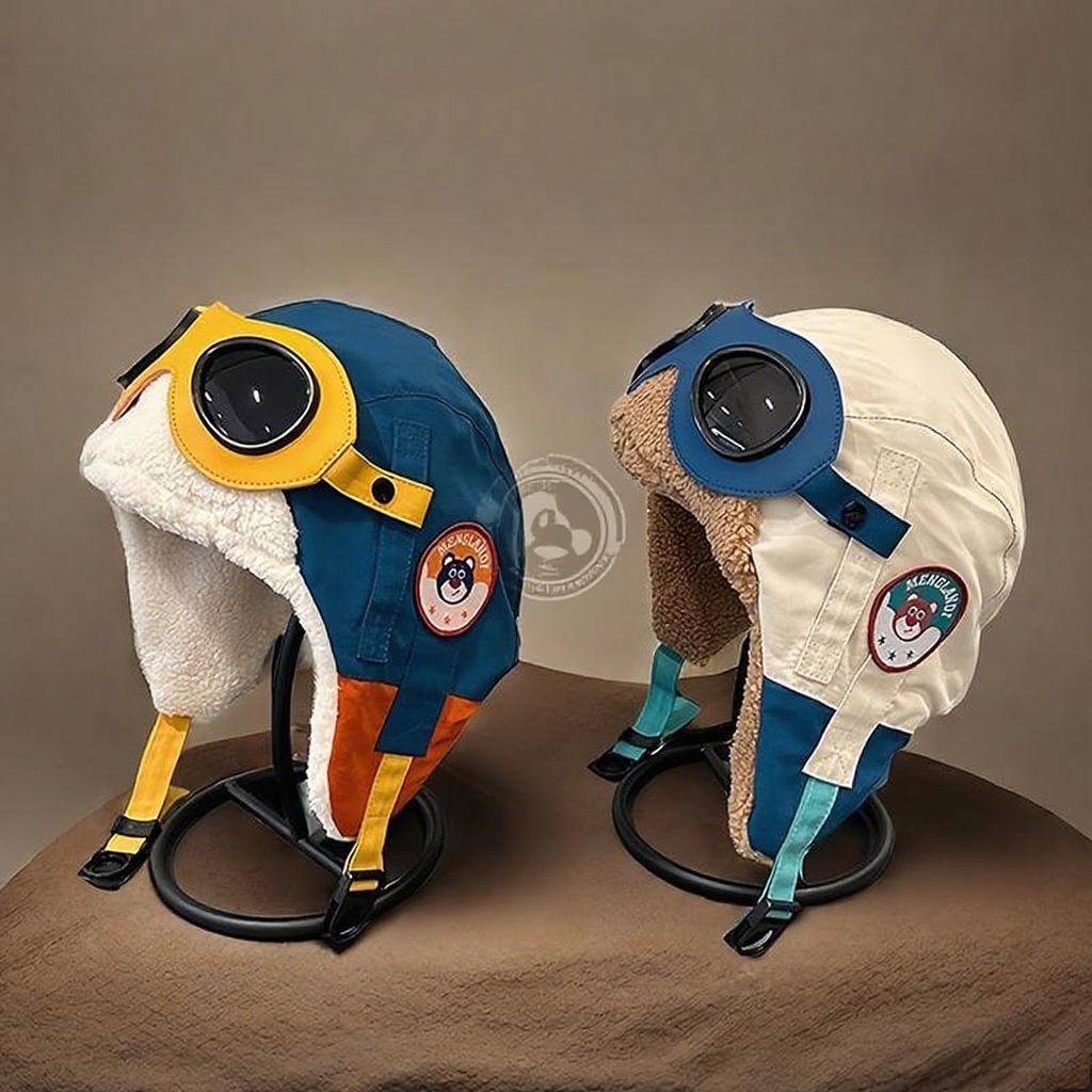 中大童可爱恐龙飞行员眼镜雷锋帽子女秋冬亲子男童加绒保暖护耳帽