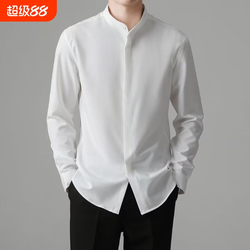 XINIYADK制服中山装校服白衬衫男新中式立领西装衬衣长袖黑色白色