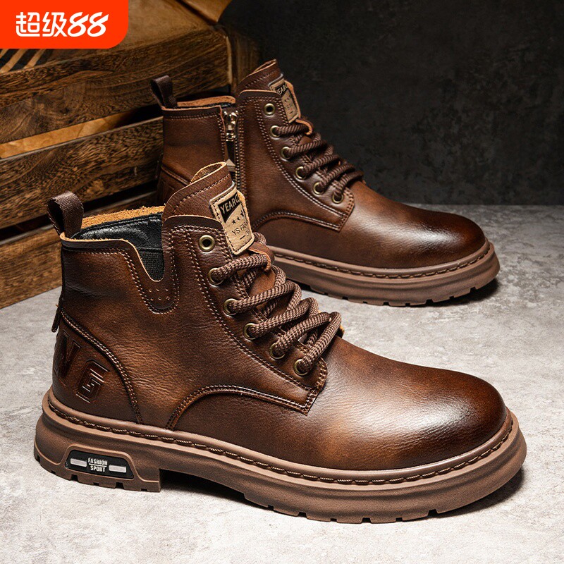 真皮男士马丁靴高帮英伦风增高秋冬抖音中帮工装潮鞋加绒防滑舒适