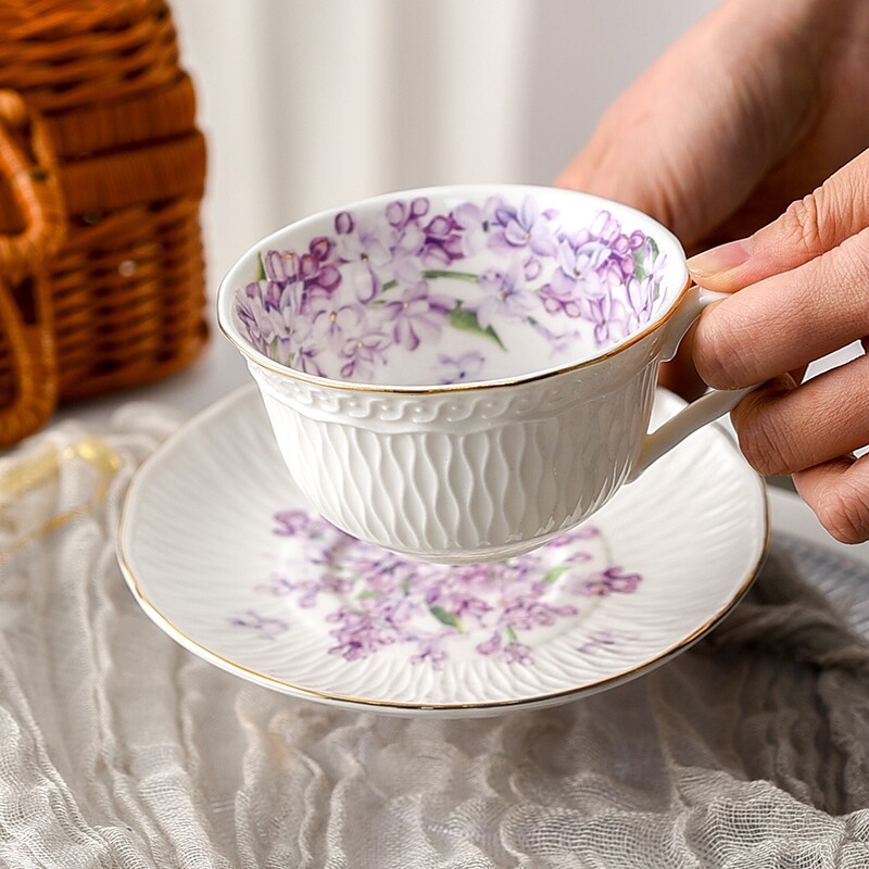 女生咖啡杯碟欧式早餐杯陶瓷马克杯高级紫丁香牛奶杯精致复古极简