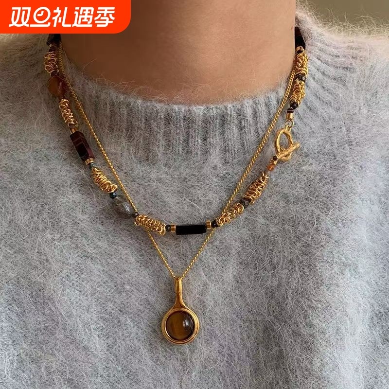 2025新款仿虎眼金属拼接串珠项链女小众多层叠戴套装锁骨颈链毛衣