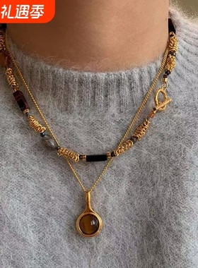 2025新款仿虎眼金属拼接串珠项链女小众多层叠戴套装锁骨颈链毛衣