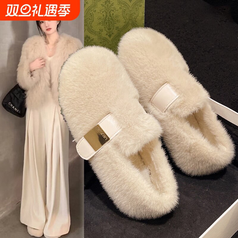 法式白色毛毛鞋女外穿2025新款秋冬季一脚蹬厚底加绒保暖豆豆棉鞋