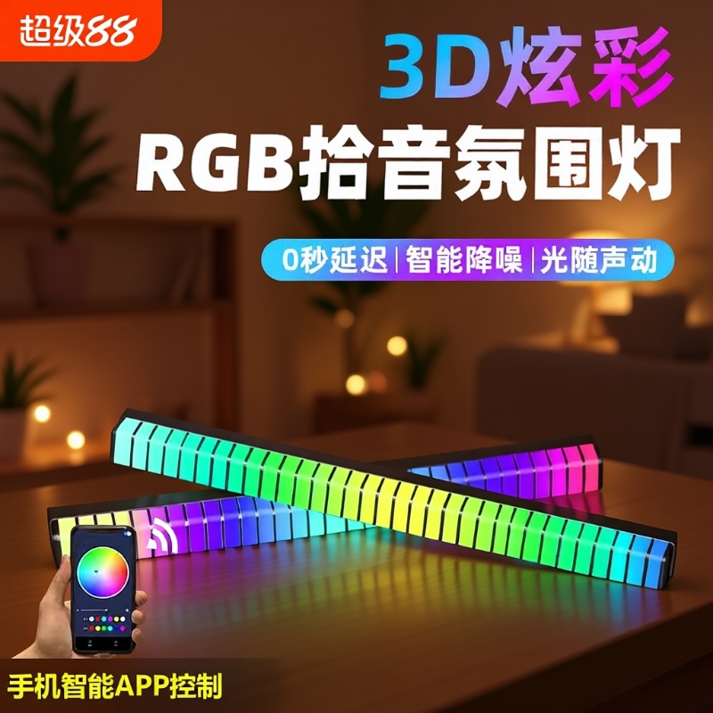 氛围灯3D拾音电竞桌面电脑音频车载声控音乐音响节奏灯磁吸感应