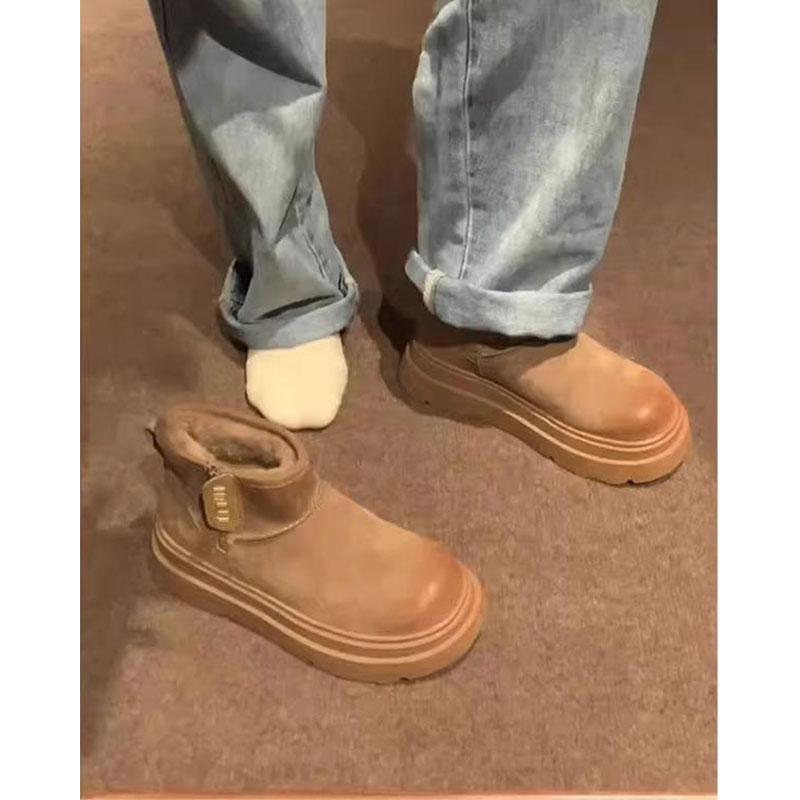 海德公园~厚底雪地靴女2025冬季加绒加厚保暖短靴棉鞋子磨砂驼色