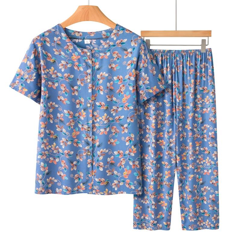 老年人夏装女棉绸套装70岁奶奶短袖开衫上衣裤子家居服薄款纽扣