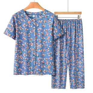 高品质老年人夏装女棉绸套装70岁奶奶短袖开衫上衣裤子太太家居服