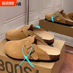 真皮勃肯鞋男女软木包头一脚蹬半拖2024秋冬新款厚底外穿博肯拖鞋