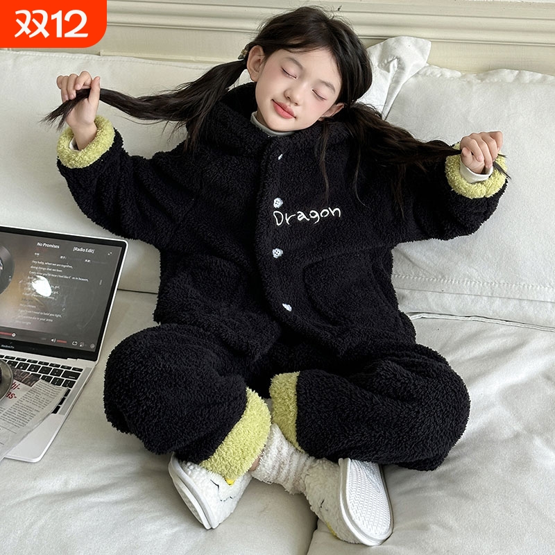 儿童睡衣秋冬季法兰绒加厚女童珊瑚女孩儿童家居服套装无牙仔巨厚
