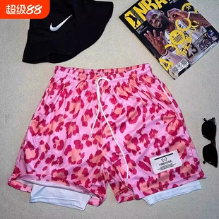 学生夏季透气运动短裤男美式宽松直筒休闲粉色豹纹篮球三四分裤子