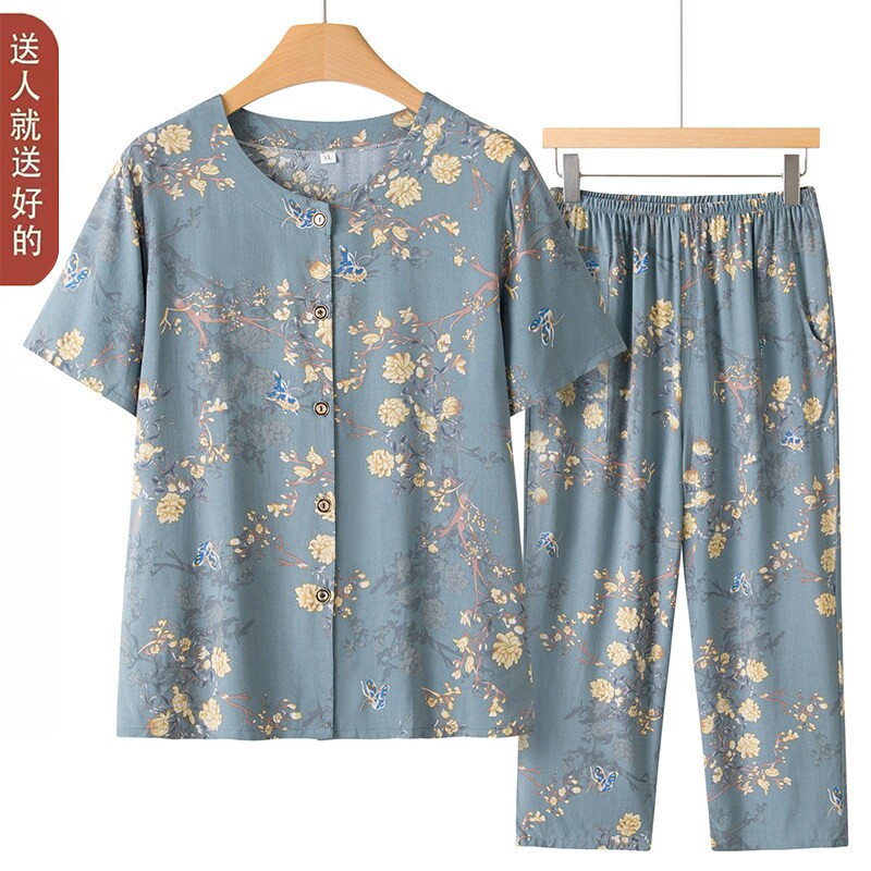妈妈夏款棉绸开衫居家睡衣两件套图片