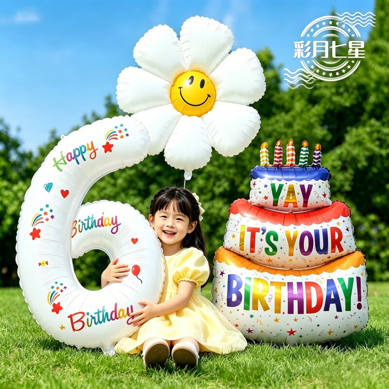 数字气球铝膜彩色三层生日蛋糕儿童生日派对装饰布置拍照室内充气