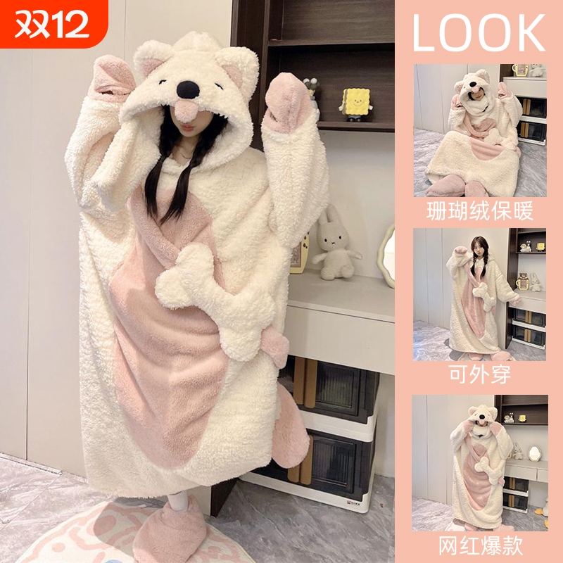 可外穿珊瑚绒睡衣睡袍女秋冬季厚
