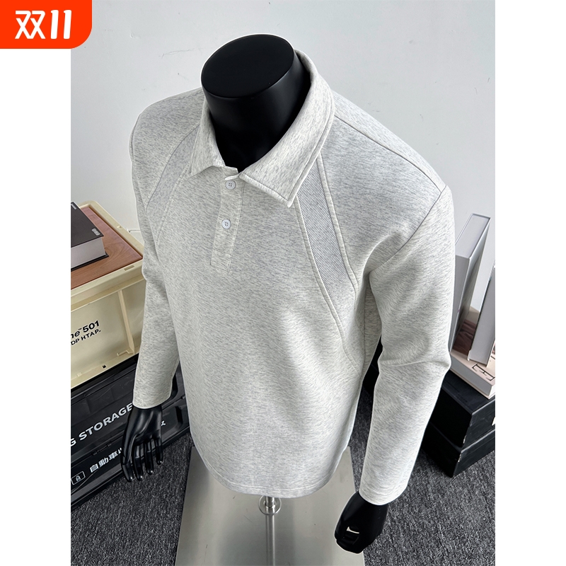 cleanfit白灰色解构拼接Polo领长袖T恤男秋冬季美式复古运动上衣