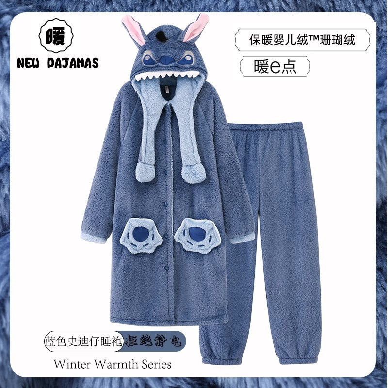史迪仔睡衣2025冬季女睡袍男情侣浴袍可爱珊瑚绒加绒女款毛绒长袍