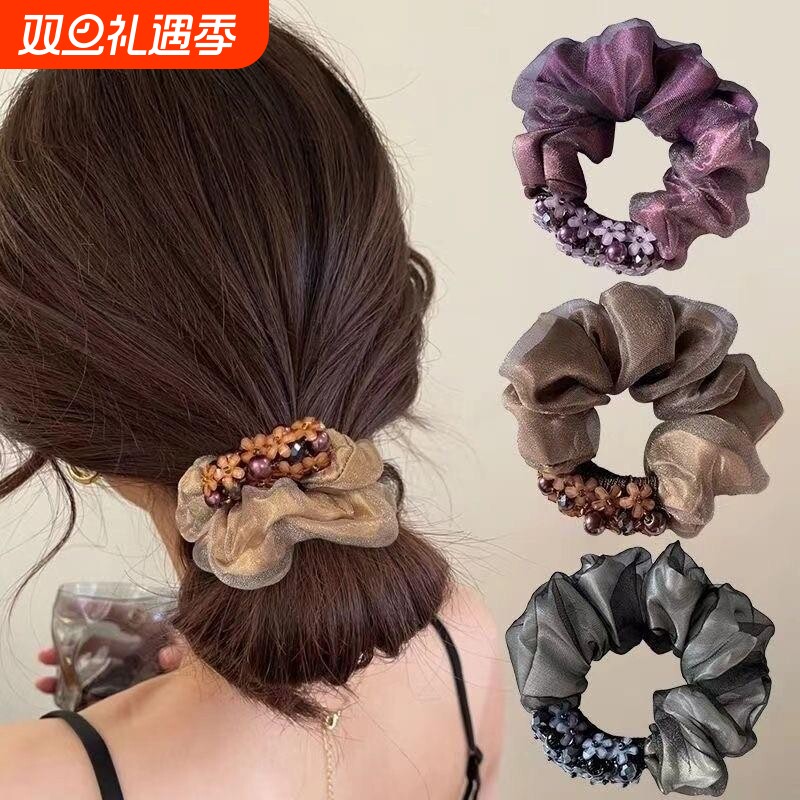 气质复古紫调珠光细闪发圈高弹力头绳欧根纱大肠发圈妈妈头花发饰