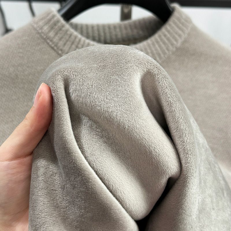 高档一体绒圆领毛衣男冬季加绒加厚保暖上衣雪尼尔套头打底衫外穿