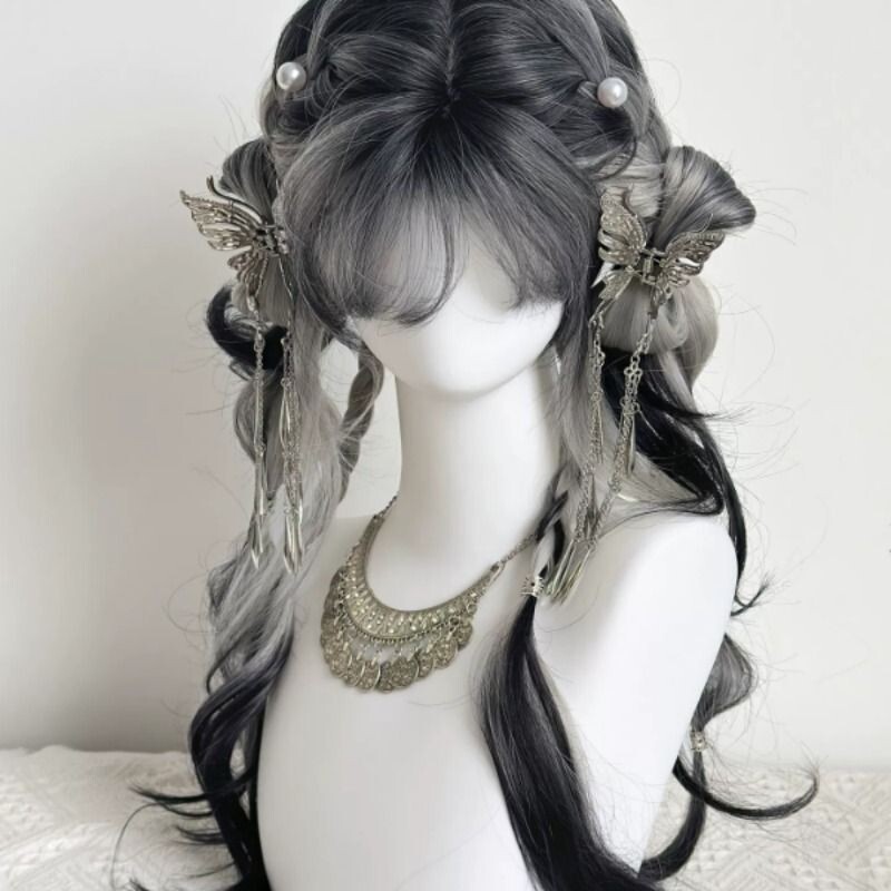 【江南水墨】黑白渐变假发女长发蝴蝶结泡泡辫古风汉服cos 全头套