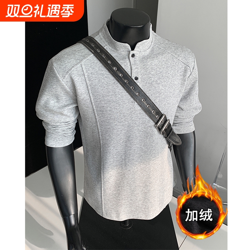 美式亨利领男款加绒长袖t恤秋冬季潮流cleanfit内搭休闲上衣