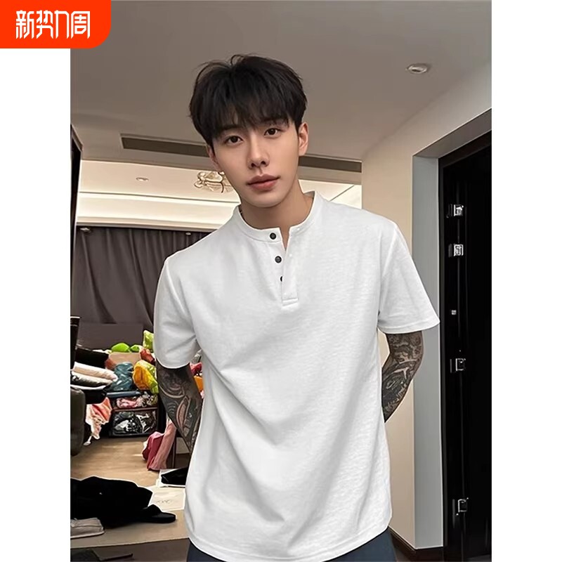 cleanfit亨利领短袖T恤男款夏季潮牌美式重磅痞帅百搭半截袖