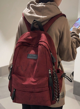 简约百搭双肩包女高中学生初中生书包大容量背包男潮绿色帆布灰色