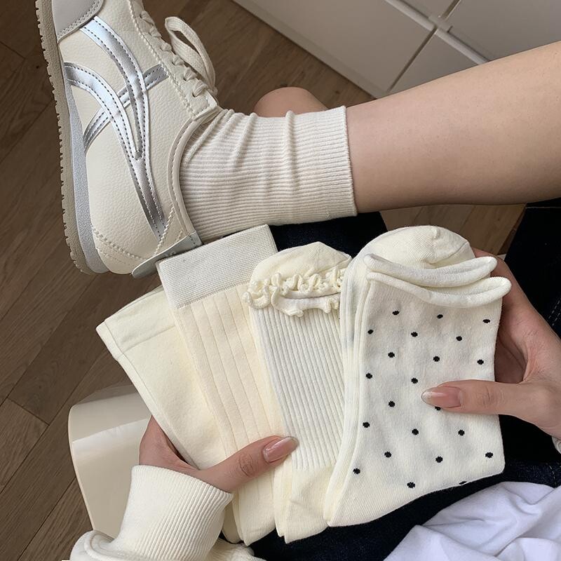 奶白色中筒袜春夏百搭纯色堆堆袜防臭长袜韩版波点木耳边月子袜女