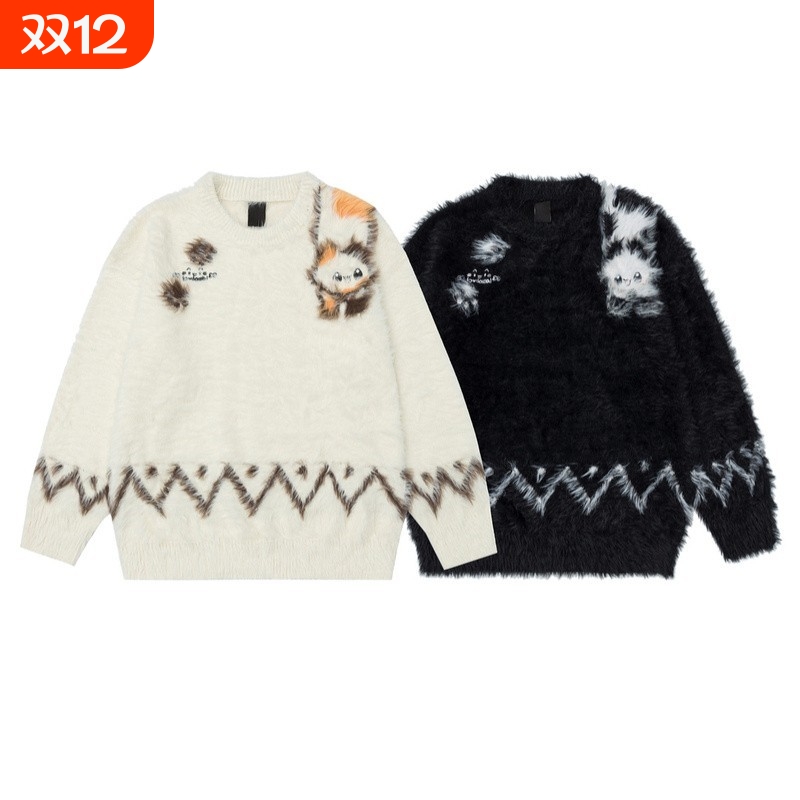 美式复古vibe小猫提花防貂毛针织衫男冬季潮牌加厚情侣青少年毛衣