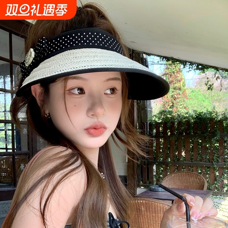 夏季卡通kt空顶帽子女户外遮阳防晒防紫外线太阳帽草编大帽檐透气
