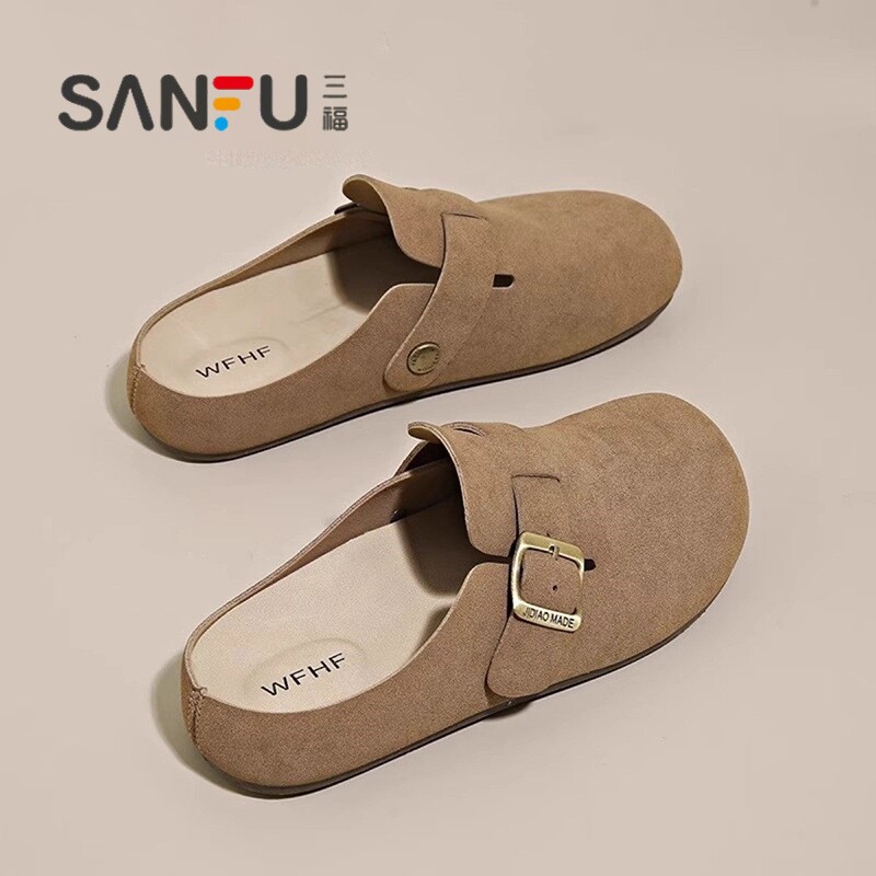 三福勃肯拖鞋女2026新款春夏外穿一脚蹬懒人包头半拖鞋平底博肯鞋