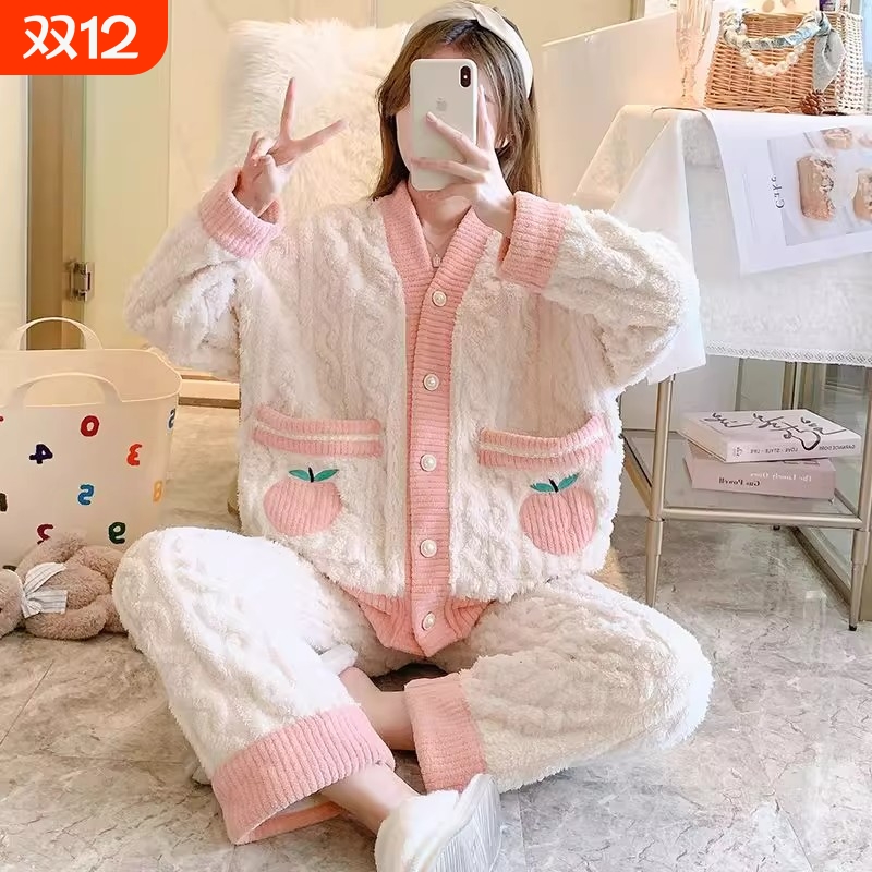 珊瑚绒睡衣女款春秋冬季加厚2025新款法兰绒家居服套装可外穿蓝色