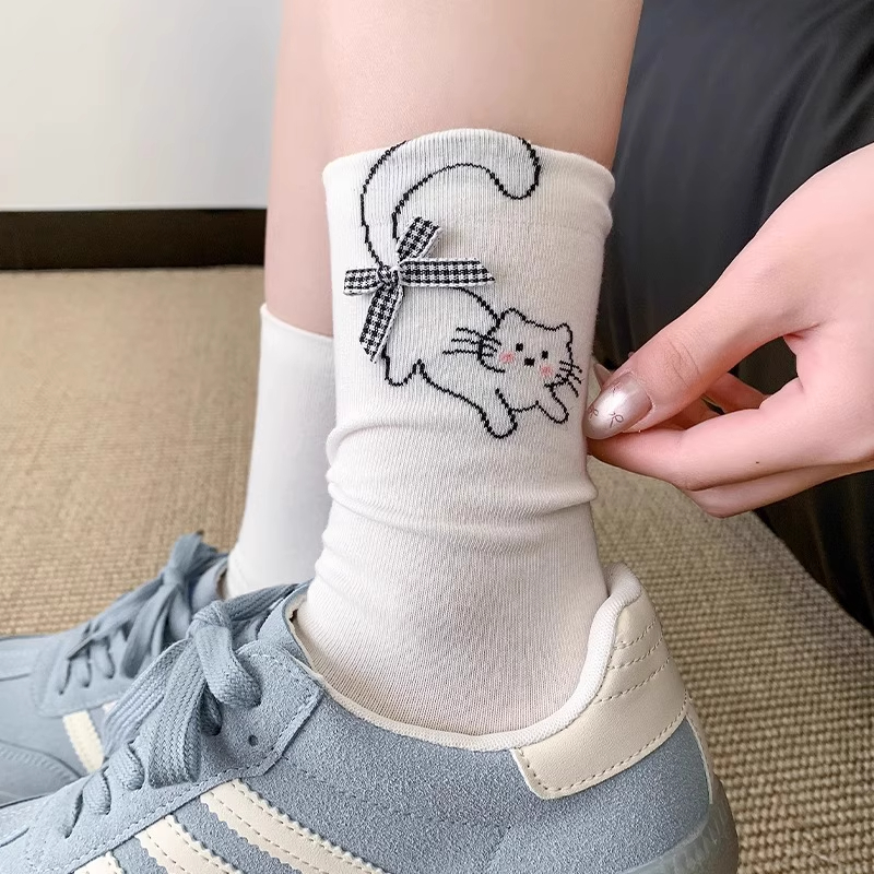 白色袜子女夏无骨中筒袜ins可爱卡通小猫堆堆袜2025新款长袜猫咪