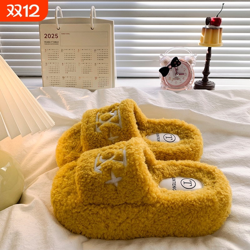 白鹿同款厚底增高毛毛鞋女2025秋季新款松糕棉拖鞋高跟毛绒黑色