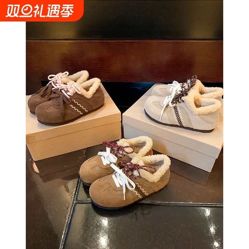 板栗小面包~保暖鸳鸯鞋带内增高羊毛毛勃肯鞋训鞋平底防滑秋冬
