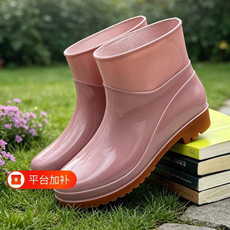 短筒雨鞋女水鞋低筒PVC牛筋厚底男士加绒厨房工作鞋雨靴防水