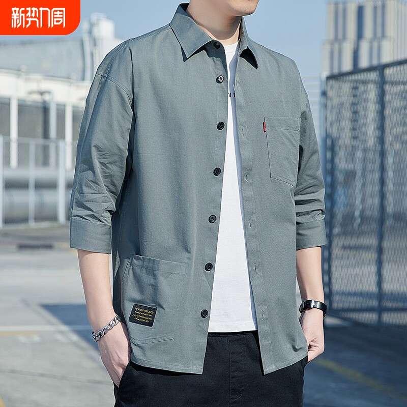 夏季短袖纯棉工装衬衫外套男士七分袖薄款潮流宽松休闲衬衣寸中袖