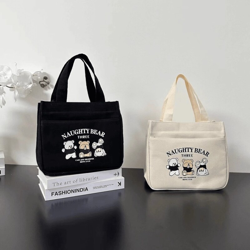 高颜值帆布手提包宝妈外出拎包通勤加厚上班饭袋黑色耐磨多层休闲