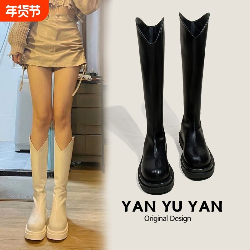 v口不过膝长靴女2024秋冬新款厚底显瘦增高白色长筒靴高筒骑士靴,女鞋,骑士靴,淘宝优惠券,粉丝福利购,淘宝优惠卷