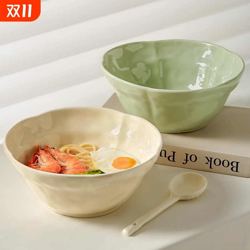陶瓷汤碗风泡面碗碗家用2024新款高颜值吃面碗斗笠大碗大勺子双耳