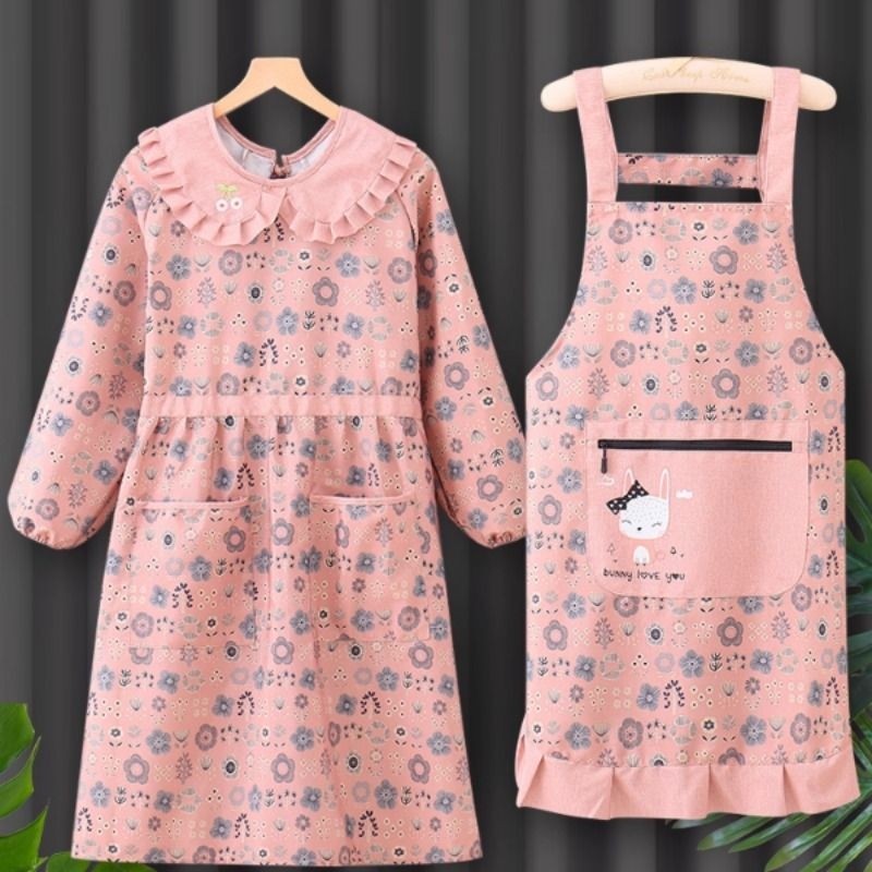 冬季洋气长袖围裙韩式纯棉防污罩衣女新款工作服做饭帆布时尚护衣