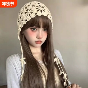 夏手工钩织针织帽子女2025新款镂空花朵堆堆帽流苏甜美可爱包头帽